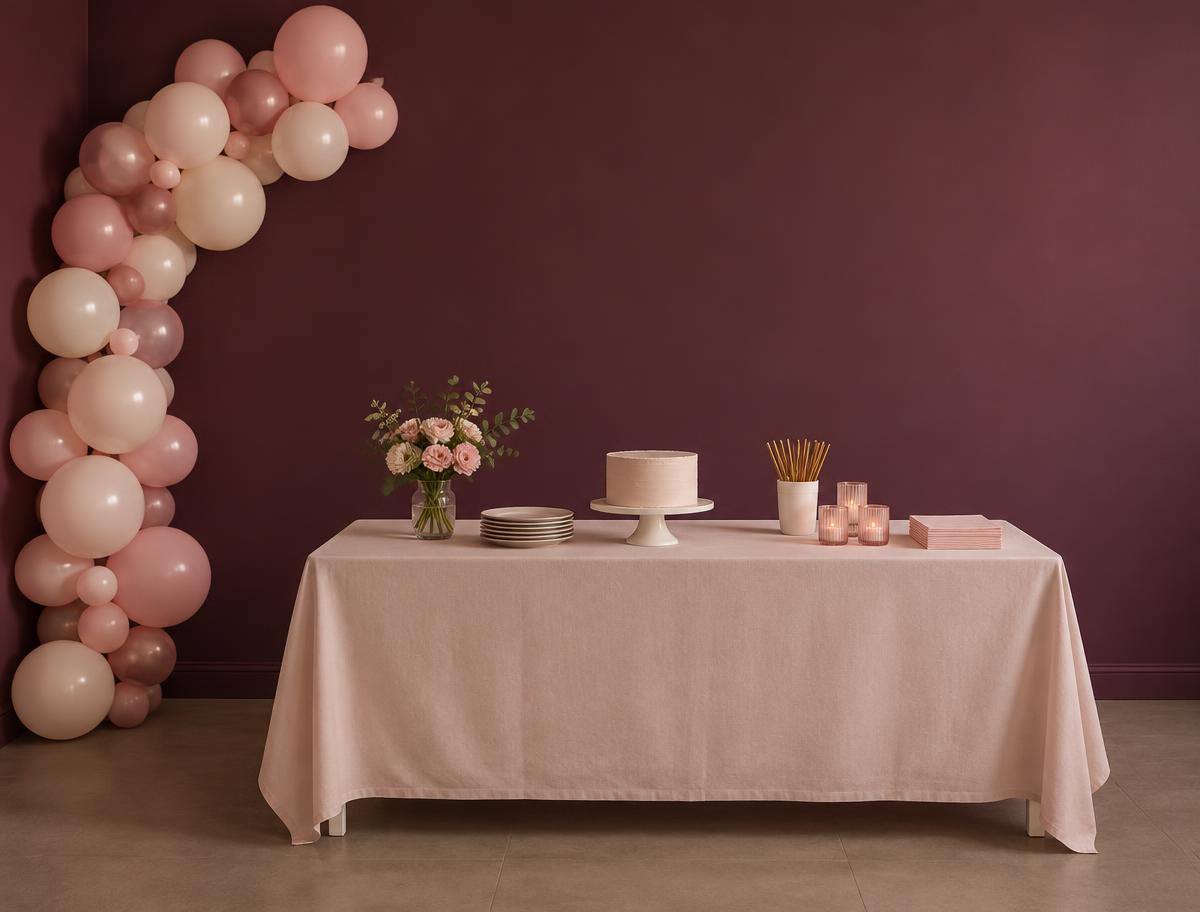 Decoración básica con una mesa sencilla y un arco pequeño de globos